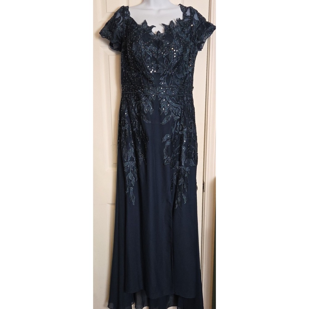 JJs House Evening Dress 14 Dark Navy A Line Mother of the Bride Lace Sequins